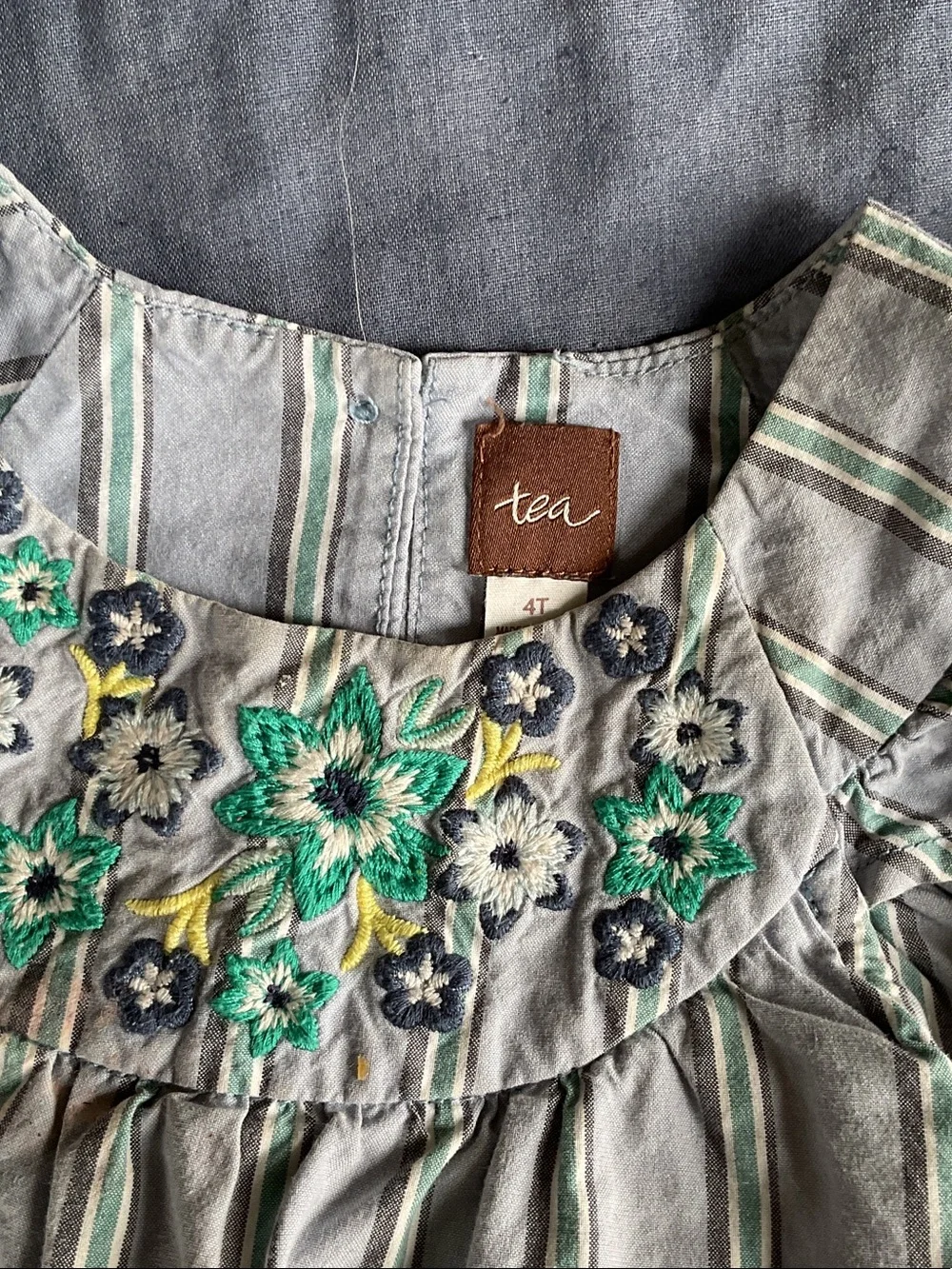 Tea Collection Green-Striped Embroidered Dress with Matching Bloomers
